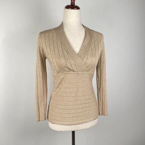 00s y2k Gold Metallic Knit Ribbed V-Neck Sweater Pullover Shimmery Top Petite M - Picture 1 of 10